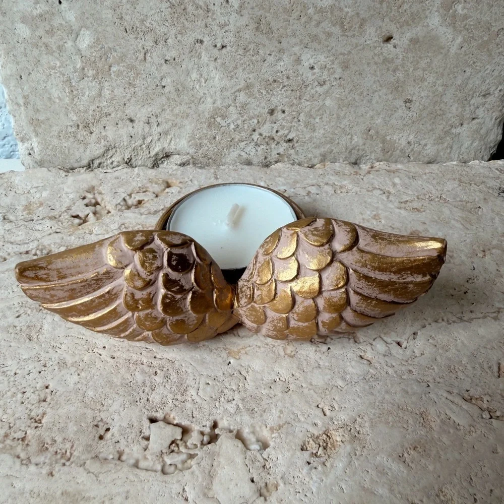 Set of 6 Gold Tone Resin Angel Wings Tealight Candle Holders | Retro Home Decor
